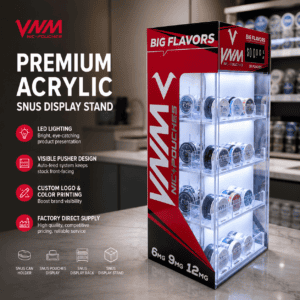 VNM Nicotine Pouches Acrylic Display Stand with Pursher System and LED